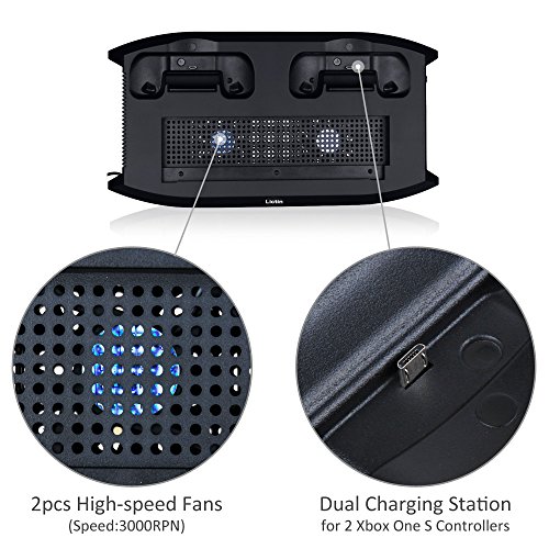 Lictin Xbox One S Vertical Stand Cooling Fan with Dual Charging Station for 2 Xbox One S Controllers + 8 Silicone Thumbs for Xbox One S Controller Black