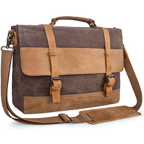 Mens Messenger Bag 15.6 Inch Waterproof Vintage Genuine Leather Waxed Canvas Briefcase Large Satchel Shoulder Bag Rugged Leather Computer Laptop Book Bag Brown