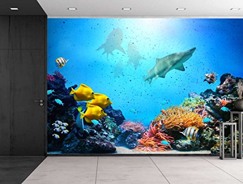 Wall26 - Large Wall Mural - Aquarium with Coral Reef, Colorful Fish Groups, Sharks and Sunny Sky Shining through Clean Ocean Water | Self-adhesive Vinyl Wallpaper / Removable Modern Decorating Wall Art - 100