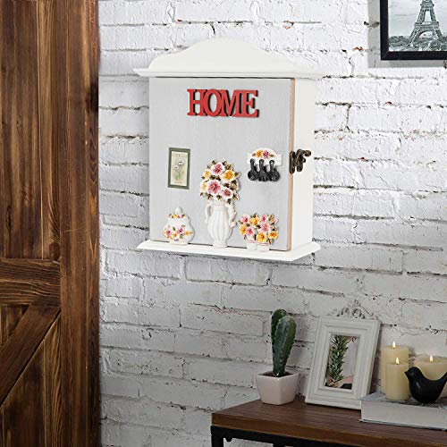 Wall Mounted Key Box Faux Wood Key Holder Key Storage Box Cabinet Hooks Rack Organizer with 10 Hangers for Home Decor with 6 Hanger for Home Decor