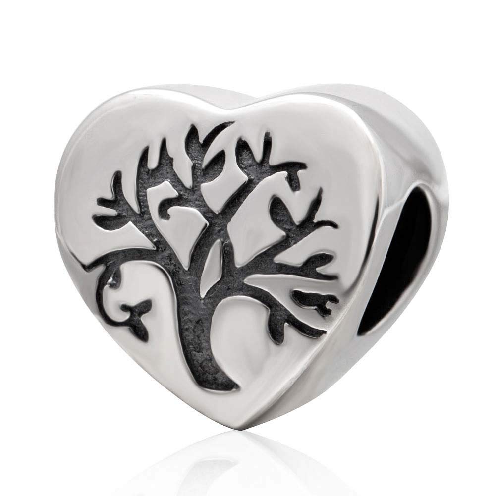 925 Sterling Silver Tree of Life Charm Love Charm Heart Charm Family Charm for Pandora Charm Bracelet (A)
