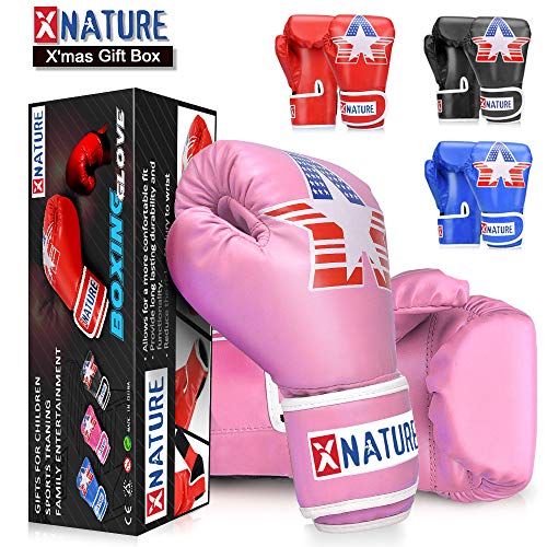 Xnature 4oz 6oz 8oz PU Kids Boxing Gloves w/Gift Box Children Cartoon MMA Kickboxing Sparring Youth Boxing Gloves Training Gloves Age 5-12 Years Pink