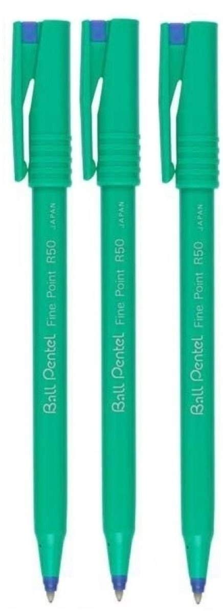 Pentel Blue R50 Rollerball Ball Pen Pens Fine 0.8mm Cushioned Nib Tip 0.4mm Line Width 77% Recycled (Pack Of 3)