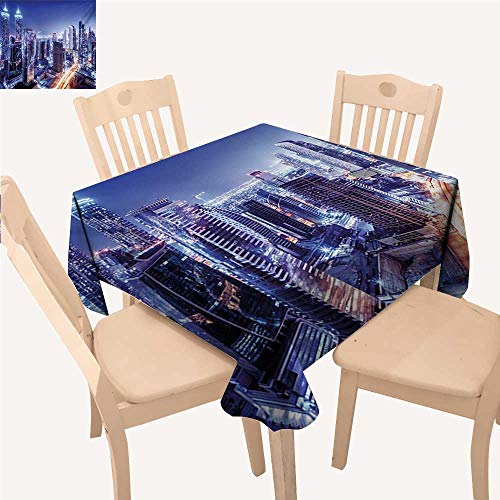 WinfreyDecor City Printed Tablecloth Dubai Downtown UAE Night Scenery Modern High Rise Buildings Travel Destination Table Cloths Spill Proof Violet Blue Orange W 54" x L 54"