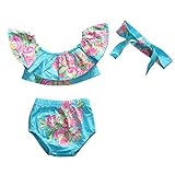 Infant Baby Girl Floral Off Shoulder Lotus Leaf Collar Bikini Set+Headband (12-24 M, Green)