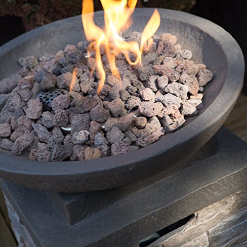 Realistic Stone-like Outdoor Patio Fire Pit Bowl with Free Cover. Get Ready for Entertainment in Your Backyard or Deck. This 30,000 BTU Propane Firepit Bowl Has Hideaway Storage for a 20lb Propane Tank and Also Comes with Clean Burning Lava Rocks