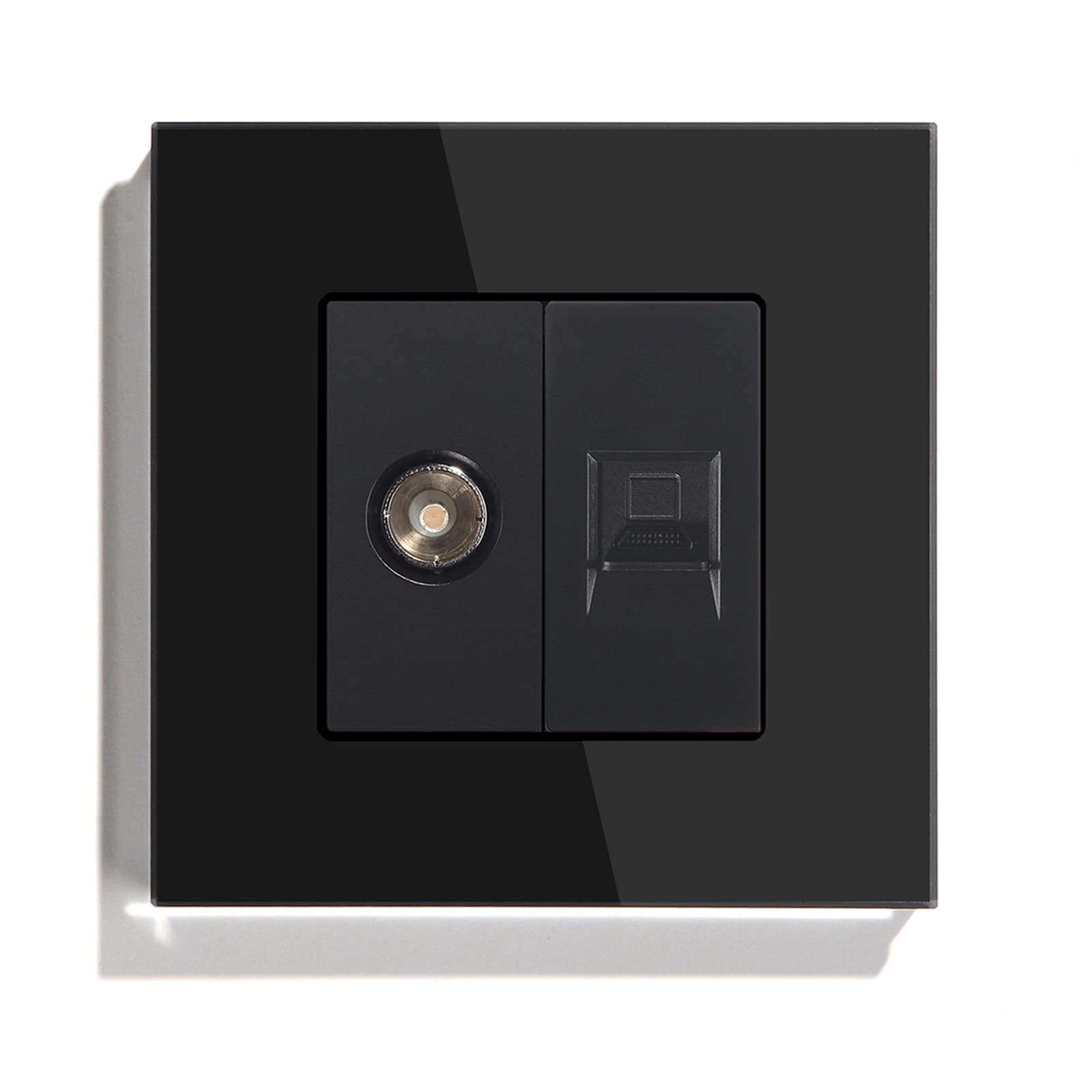 BSEED 1/2 TV Aerial Coaxial and RJ45 Cat5e Ethernet Wall Socket Crystal Panel Screwless Outlets Black