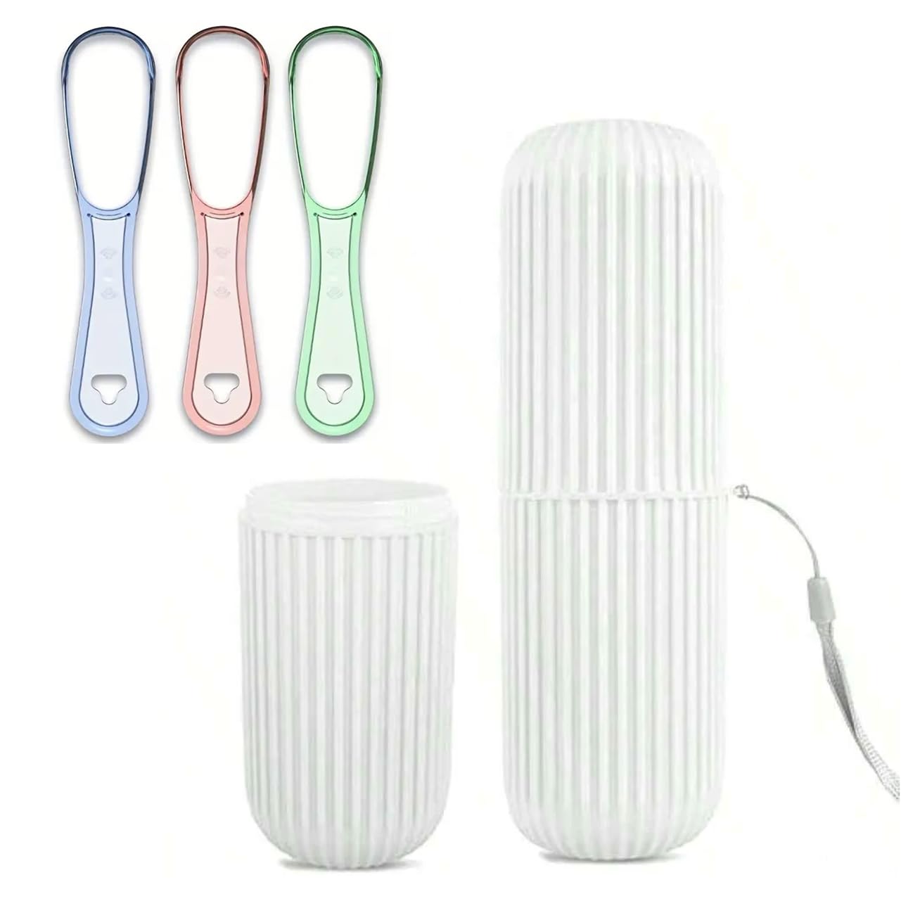 HK Online 1 White Travel Toothbrush Holder, MOUTHWASH Cup, Toothpaste Holder & Tongue Scraper -Carry Strap, Anti Slip Groove (White & Scraper)