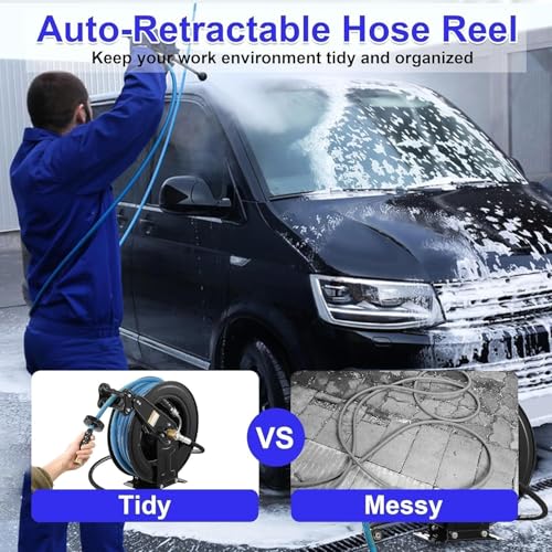 Pressure Washer Hose Reel Auto Shrink Hose Reel Heavy Duty Steel Pressure Washer Hose 20m Double Arm Reel 4000PSI