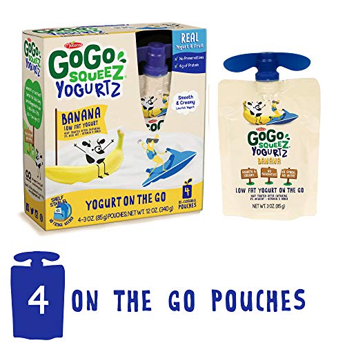 GoGo squeeZ YogurtZ, Banana, 3 Ounce (4 Pouches), Low Fat Yogurt, Gluten Free, Healthy Snacks, Recloseable, BPA Free Pouches (Best Whole Milk Yogurt)