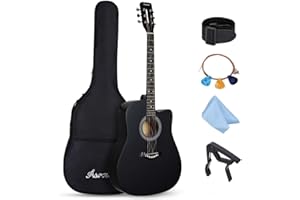 Asmuse 41 Inch Acoustic Guitar, Premium Solid Wood Cutaway Guitar Bundle kit With Gig Bag, Strap, Capo, Strings and Picks (Black)
