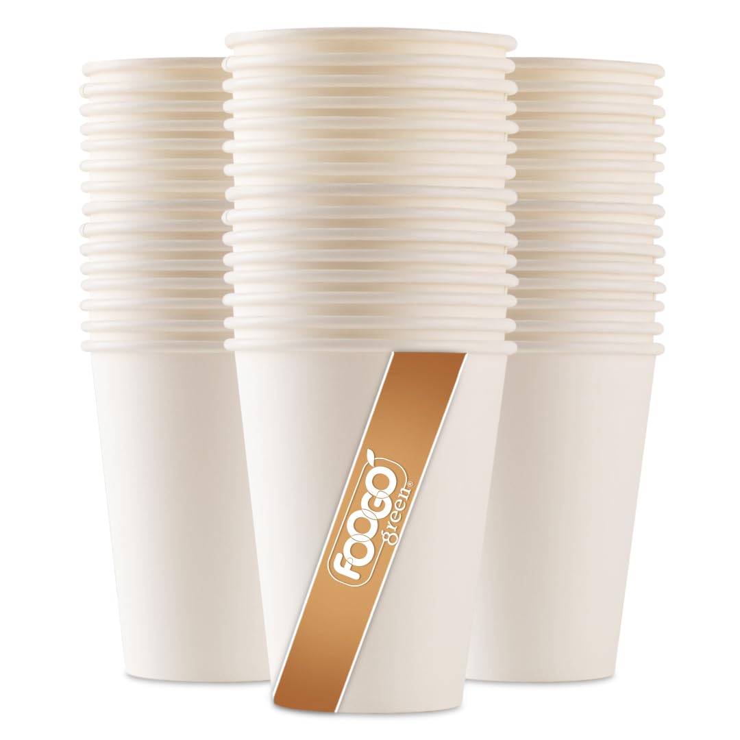 FOOGO Green 100pcs 12oz Disposable Strong Single-Wall White Paper Coffee Cups, FSC® Certified, Fully Compostable, Takeaway, Paper Cups for Hot Drinks, Parties, Eco-Friendly