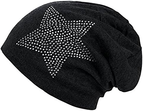 HC Woman's Black Rhinestone Star Chemotherapy Hat Slouchy Chemo Cap Beanie Cancer
