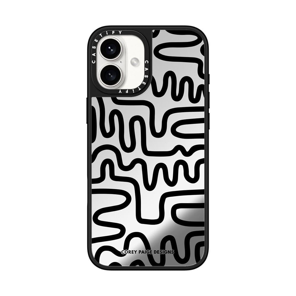 CASETiFY Mirror iPhone 16 Plus Case [Reflective / 4.9 ft. 1X Military Grade Drop Protection/Compatible with Magsafe] - Black Line Art - Silver on Black