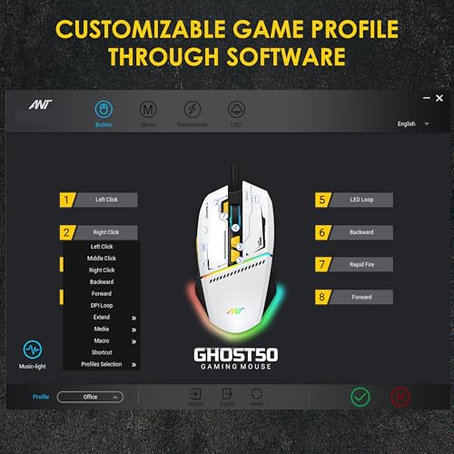 Ant Ghost 50 Plug and Play RGB 8 Programable Buttons High End 12800 DPI 1000hz Pooling Rate Optical Ergonomic Wired Gaming Mouse Latest Inbuilt Software Huano Switches -White 3