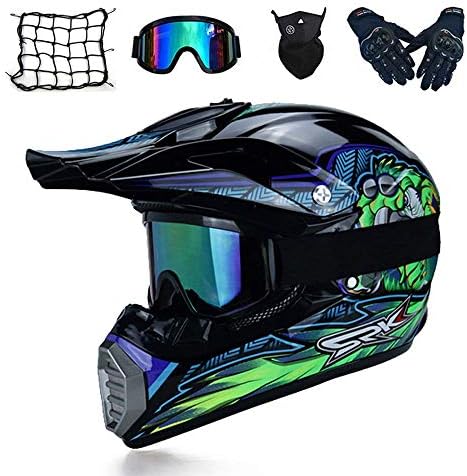 XUDONG Motocross Helmet and Goggles (5 Pcs) - Black and Green/Eagle - Adult Off Road Helmet, Full Face MTB Helmet, Motorcycle Cross Helmet for Youth Men Women Child,XL,L