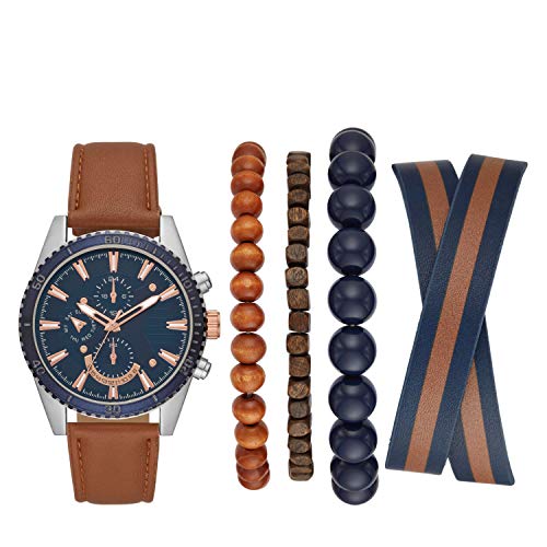 Folio Men's Three-Hand Brown Vegan Leather Watch Gift Set FMDAL879