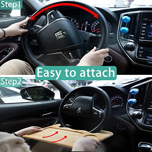 vioview Bamboo Steering Wheel Tray with Storage Bag, Double-Sided Steering Wheel Desk Food Trays for Eating, Laptop, iPad or Notebook, Fits Most Vehicles Steering Wheels