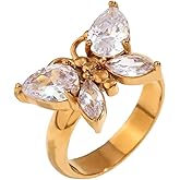 18K Gold Plated Butterfly Ring for Women - CZ Mariposa Waterproof Stainless Steel Ring - Anti-Tarnish Stackable Gold Jewelry for Everyday Wear