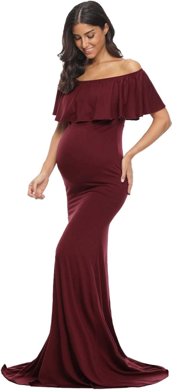 Glampunch Womens Off Shoulder Maternity Dress Ruffles Elegant Slim Gowns Fit Maxi Photography Dress at  Women’s Clothing store