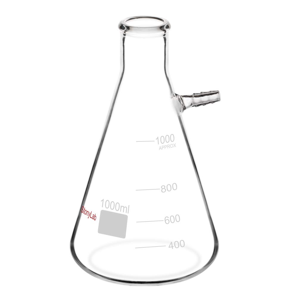 StonyLab 1000 ml Borosilicate Glass Filtering Flask, Bolt Neck with Tubulation, 1 L (1 Liter)