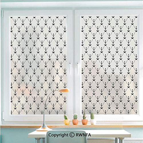 Non-Adhesive Privacy Window Film Door Sticker Abstract Retro Nautical Style Motif Checkered Pattern with Sailing Yachting Theme Decorative Glass Film 22.8 in by 35.4in(58cm by 90cm),Cream Black - Thumbnail 5