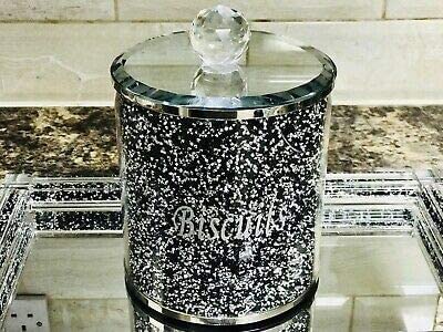 Glass Sparkle Ornament Bling Crushed Diamond Gift |Black Diamond Crushed Biscuit Canister Jar Tin Kitchen Storage Silver Trimmings Crystal Filled | Wedding Anniversary, Birthday Present, Home Decor
