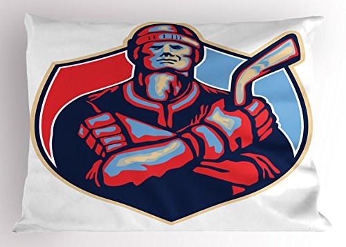 Hockey Pillow Sham by Ambesonne, Illustration of an Ice Hockey Player Holding Stick in Retro Style, Decorative Standard Size Printed Pillowcase, 26 X 20 Inches, Navy and Pale Blue Dark Coral