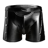 TiaoBug Men Lingerie Rivets Patent Leather Cutout Boxer Briefs Shiny Bikini Shorts Black Large