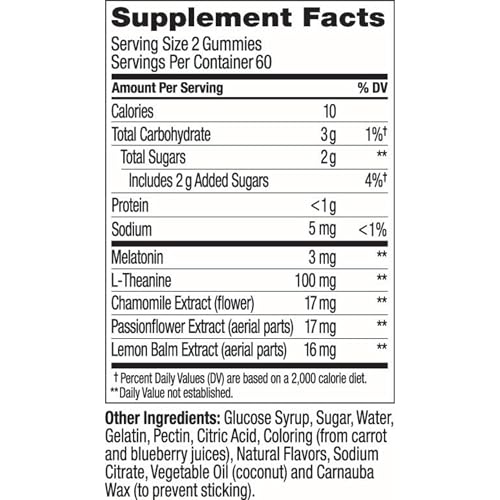 OLLY SLEEP GUMMY, 3 MG MELATONIN, L-THEANINE, CHAMOMILE, AND LEMON BALM EXTRACTS, BLACKBERRY FLAVOR, 60 DAY SUPPLY – 120 COUNT