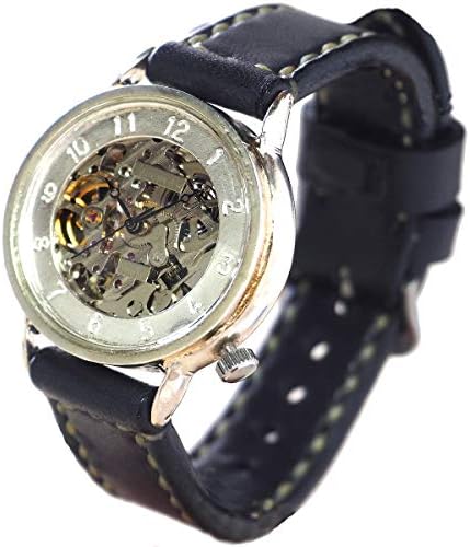 手作り腕時計 自動巻き 裏スケルトン アラビア数字刻印 メンズシルバー 手縫いベルト 受注制作 Nw Sam021 レッド