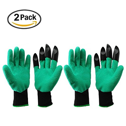iCreating Garden Genie Gloves (2 Pairs) with Right Hand Fingertips ABS Plastic Sturdy Claws for Digging, Planting, Safe for Rose Pruning- As Seen On TV