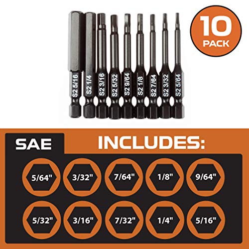 Hex Head Allen Wrench Drill Bit Set of 10 - SAE Hex Key Driver Bits with Magnetic Tips