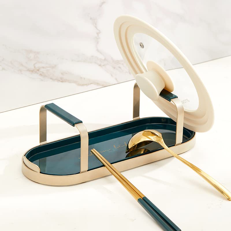 STARRY G Pot Lid Holder Stand, Kitchen Utensils Rest with Drip Pan, Cooking Spoon Rest with Lid Holder, Countertop Organiser Rack for Ladles, Tongs, Spatula, Flatware Tray Shelf - Green Double Layer