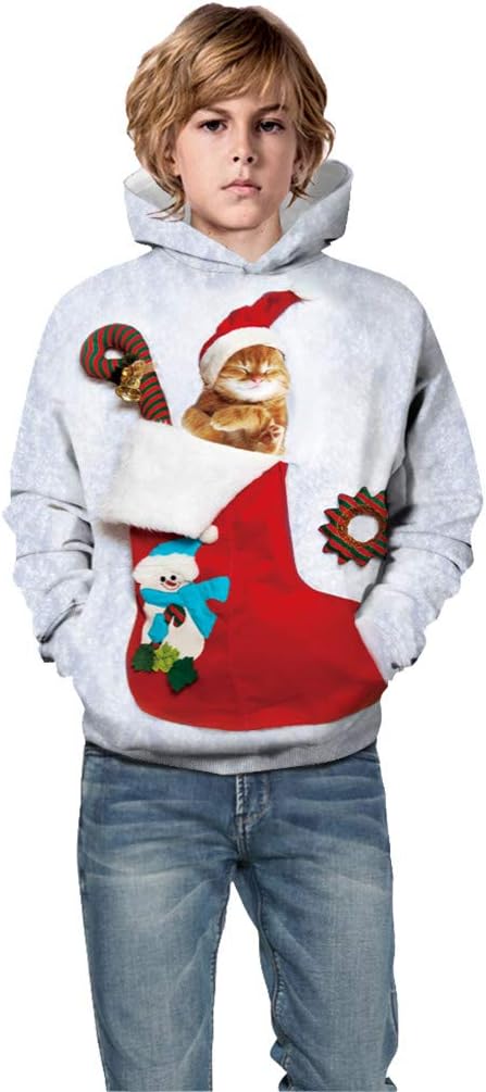Boys Girls Hoodies Rikay 3D Snowman Printed Christmas Long Sleeve Pullover Sweatshirt with Pocket for Kids 5-13Y