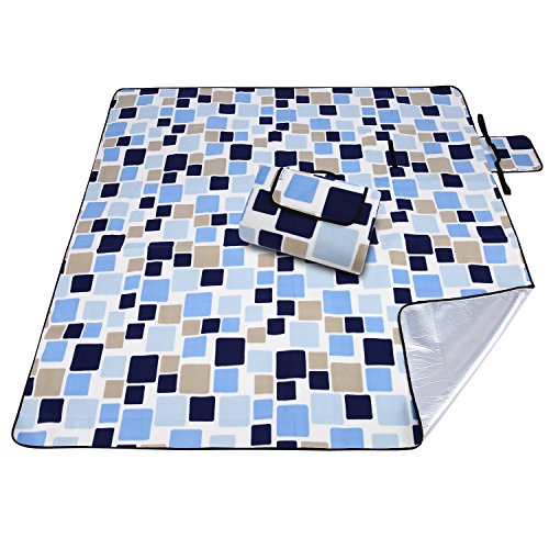 OUTCAMER Large Waterproof Outdoor Picnic Blanket, Portable Folding Picnic Blanket Mat with Tote for Family Camping(Blue-blue checker, 79" Ã— 79")