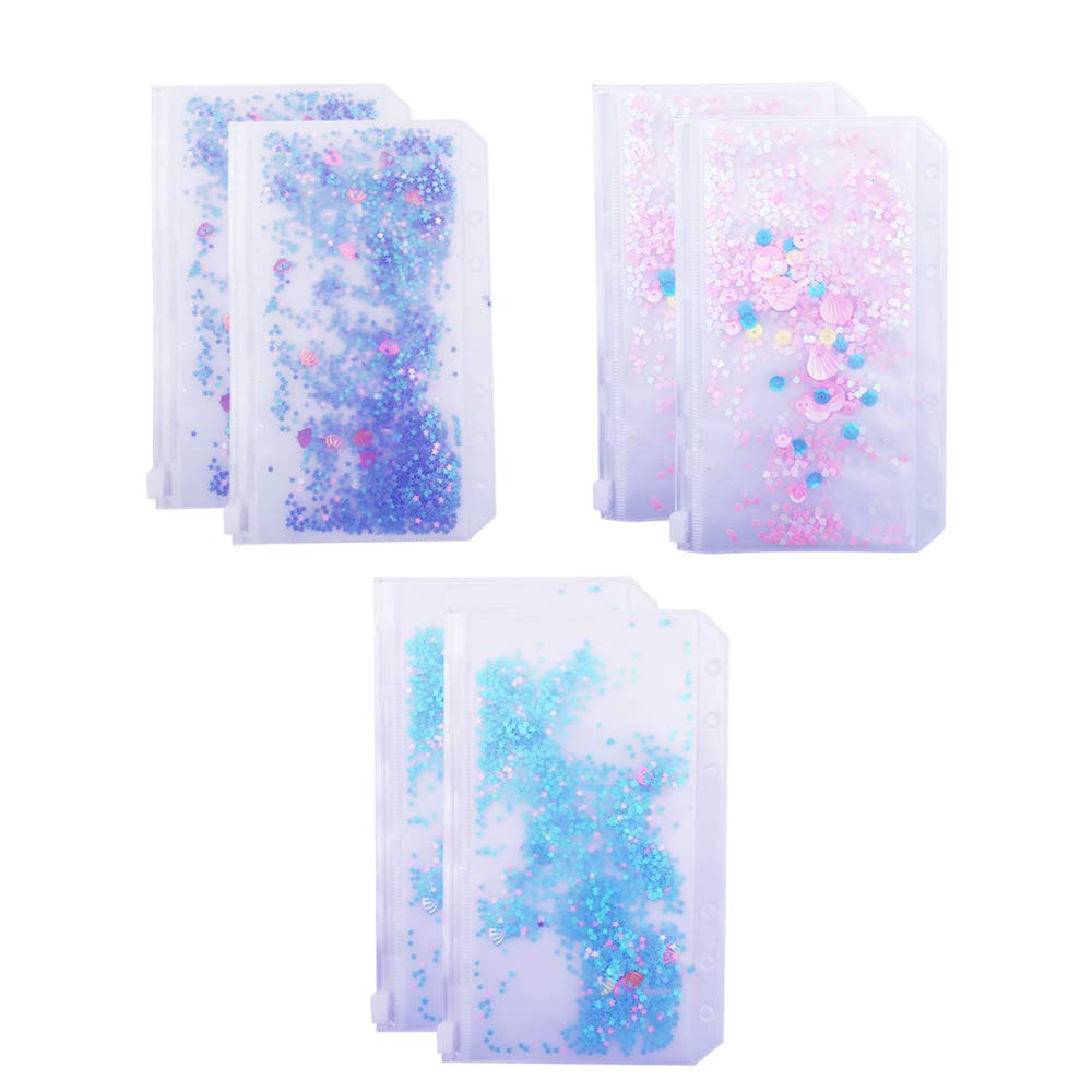 Chris.W 6PCS A6 6 Holes Binder Pockets Plastic Zipper Envelopes Pouch for A6 6-Ring Binder Notebook, Built-in Glitter Flakes Stars Decoration(Pink/Blue/Purple)