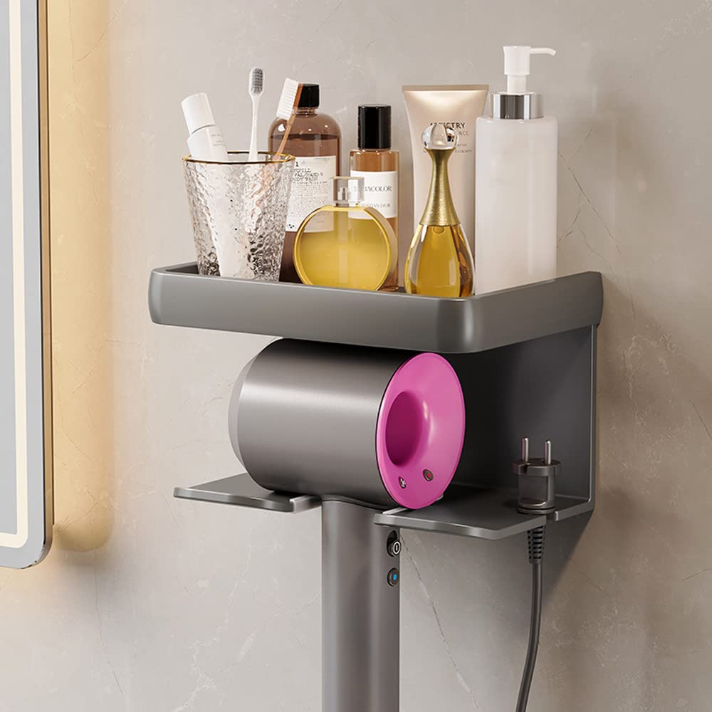 Hosoncovy 2 Tier Hair Dryer Wall Mount Holder Hair Dryer Wall Hanger Toiletries Wall Storage Toiletries Wall Shelf for Dyson Supersonic Hair Dryer,Universal for Hair Dryer (Grey)
