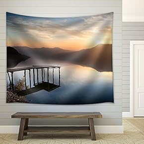 Fishing Jetty on Mountain River at Sunset - Fabric Wall Tapestry Home Decor - 51x60 inches