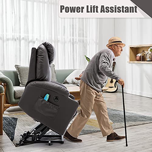 Oyerol Power Lift Recliner Chair with Heat and Vibration Massage for Elderly, Leather Electric Recliner Lift Chair for Living Room with USB Port, Cup Holders and 4 Pockets-Brown