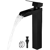 Black Tall Waterfall Bathroom Faucet, Single Hanlde Vessel Sink Faucet with Waterfall Spout, Bathroom Faucets for 1 Hole, RV Lavatory Vanity Mixer Bar Tap with Pop Up Drain and Hoses KMBF015B