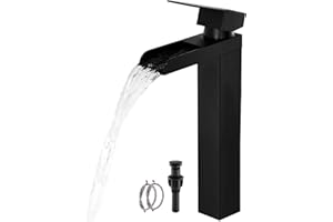 Black Tall Waterfall Bathroom Faucet, Single Hanlde Vessel Sink Faucet with Waterfall Spout, Bathroom Faucets for 1 Hole, RV 