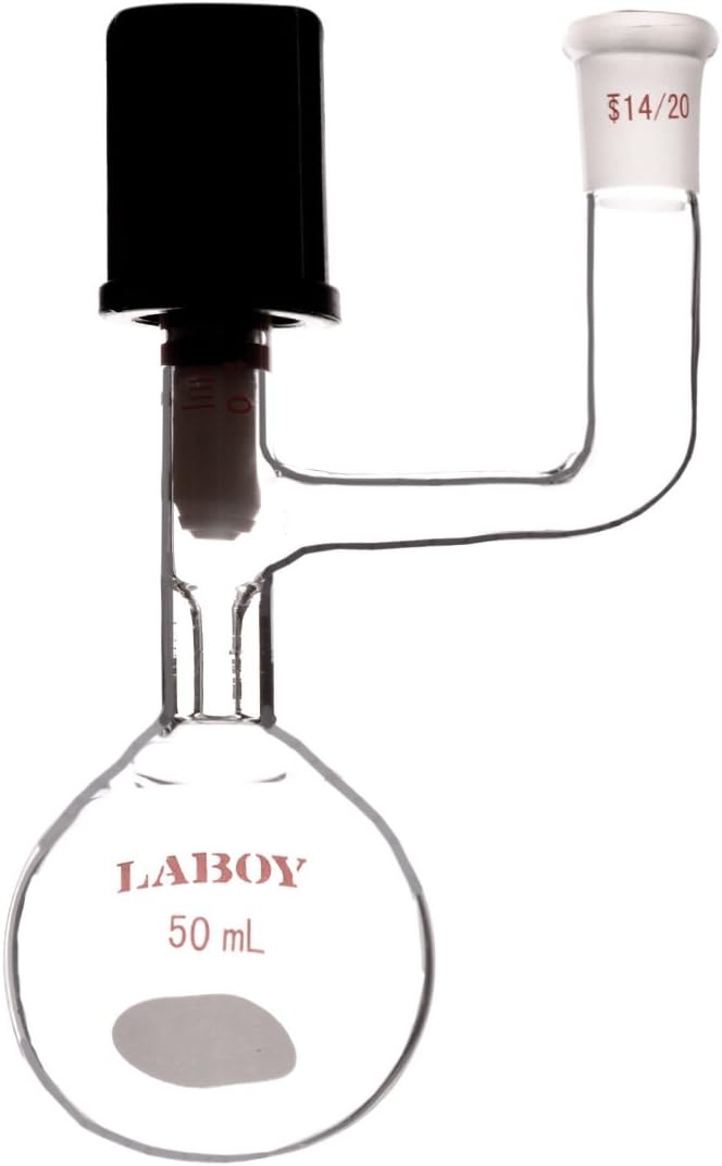 Laboy HMF050502 Glass Reaction Flask 50 mL with 0-4 mm High Vacuum Valve 14/20 Outer Joint