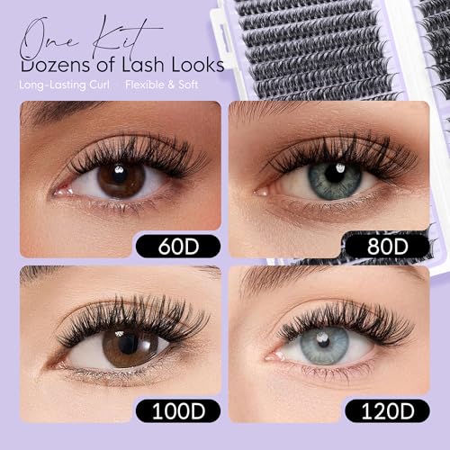 BEYELIAN Cluster Lashes Kit 608Pcs Lash Clusters with Glue and Remover and Lash Tweezer, Volume Clusters Lash Book Kit D Curl Eyelash Extensions for DIY at Home 8-16mm (60D+80D+100D+120D)
