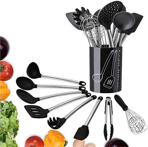 Cookey Kitchen Utensils Set- Cookey 9 Cooking Utensils Set, Silicone & Stainless Steel Spatula Set, Nonstick Non-Scratch and Heat Resistant Cookware Set with Holder, Great Kitchen Tools for Gift