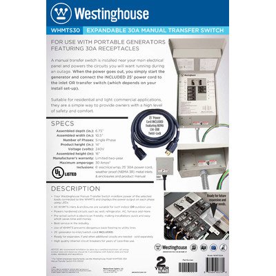 Westinghouse WHMTS30A 210052 30 Amp Manual Transfer Switch