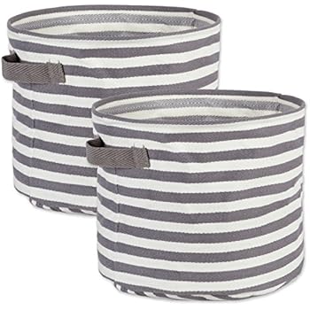 DII Cabana Stripe Collapsible Waterproof Coated Anti-mold Cotton Round Basket Bin, Perfect For Laundry Room, Bedroom, Nursery, Dorm, Closet, and Home Organization, Set of 2 Small - Gray
