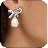 Rhinestone Pearl Bow Earrings for Women Dangly Statement Hypoallergenic Pearl Drop Earrings Wedding Jewelry Brides Gifts