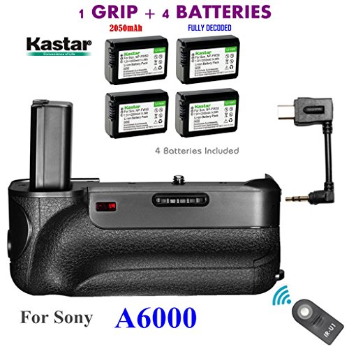 Kastar Infrared Remote Control Professional Vertical Battery Grip (Built-In 2.4G Wireless Contro) + 4 x NP-FW50 Replacement Batteries for Sony ILCE-A6000 / A6000 Digital SLR Camera