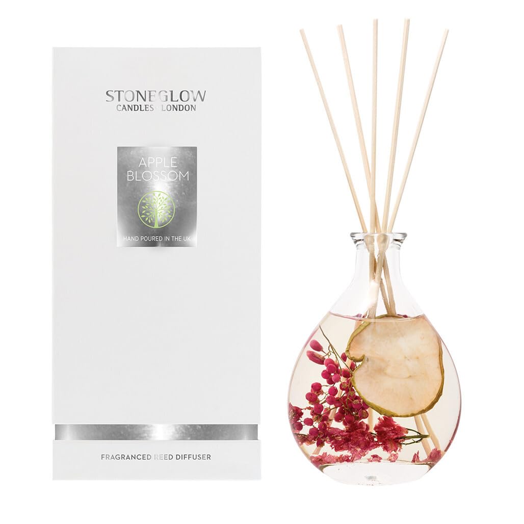 Stoneglow Nature's Gift Apple & Pear Blossom Scented Reed Diffuser 180ml, Lasts 14 Weeks, 12 Rattan Reed Diffuser Sticks, Refillable, Premium Air Freshener for Home, Apple Blossom, Rose & Citrus Notes